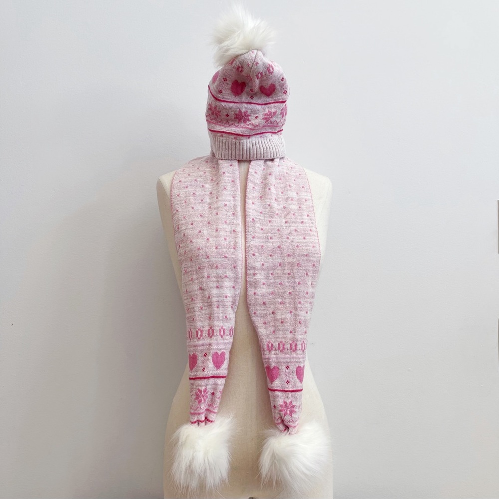 Toby Pink Heart Faux Fur Hat Scarf Set Girls OS
